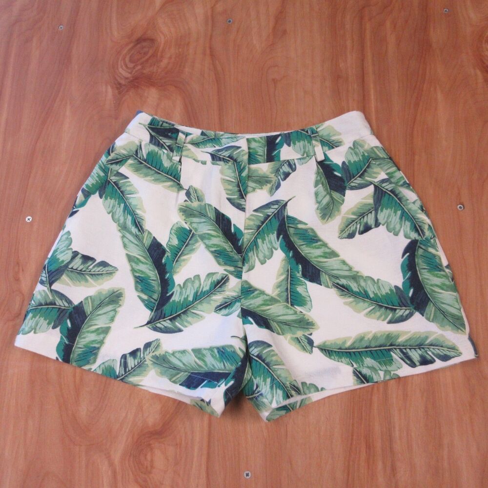 AMANDA UPRICHARD Wallace Beverly Linen Blend Shorts XS Banana‎ Leaf Palm Leaves